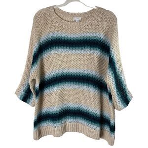 J Jill Pullover Sweater Women PL Linen Blend Open Knit 3/4 Sleeve Beachy Coastal